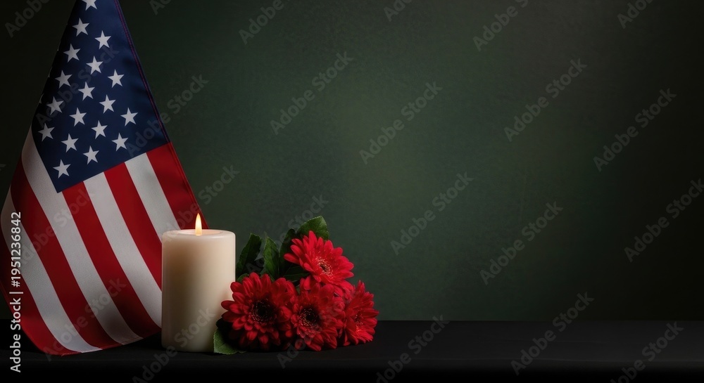 Obraz premium Patriotic vigil with american flag roses and candle
