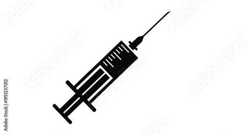 A stark black silhouette depicts a medical syringe showcasing its needle and plunger mechanism against a white background