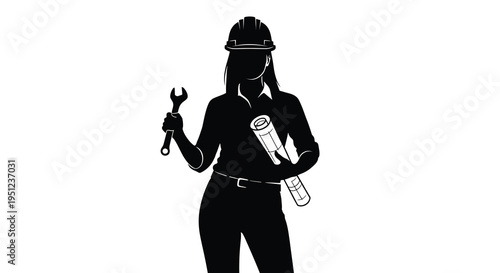 A striking silhouette depicts a female engineer holding tools and plans symbolizing expertise and innovation in construction high quality