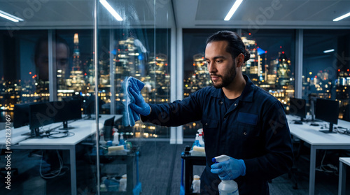 Dedicated professional meticulously polishes glass within a sleek city office at twilight, revealing a vibrant London skyline