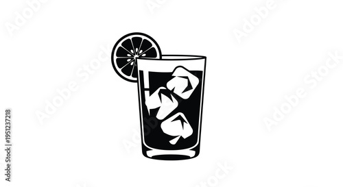 A simple black and white illustration depicts a tall glass filled with a dark liquid ice cubes and a citrus garnish