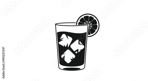 A minimalist black and white illustration depicts a tall glass filled with a dark liquid ice cubes and a lime wedge