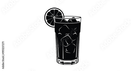 A striking black and white illustration depicts a tall glass filled with dark liquid and ice adorned with a citrus slice