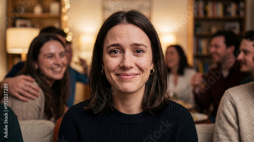 Warmhearted glow surrounds a young woman as she enjoys a festive evening gathering with close companions