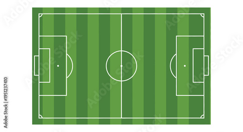 An overhead view depicts a neatly maintained soccer field with clearly marked boundaries goals and center circle high quality