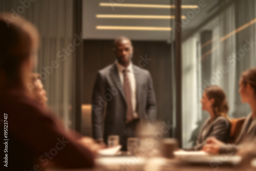 Blurred Confident businessman presenting to colleagues in modern office