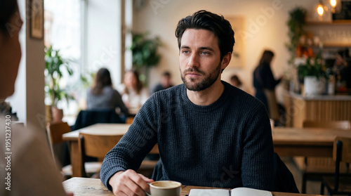 Thoughtful gaze of a handsome man during a deep conversation, savoring coffee in a bright, bustling cafe