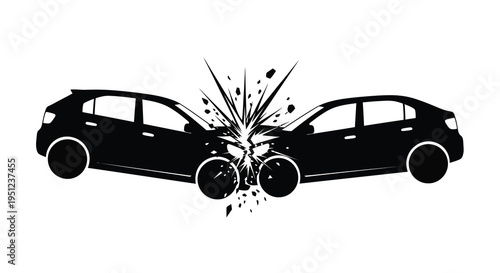A stark black and white illustration depicts the immediate aftermath of a severe head on car collision with shattered glass high quality