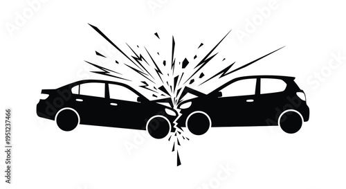 A stark black and white illustration depicts a dramatic head on car collision with shattered glass fragments high quality professional detailed modern