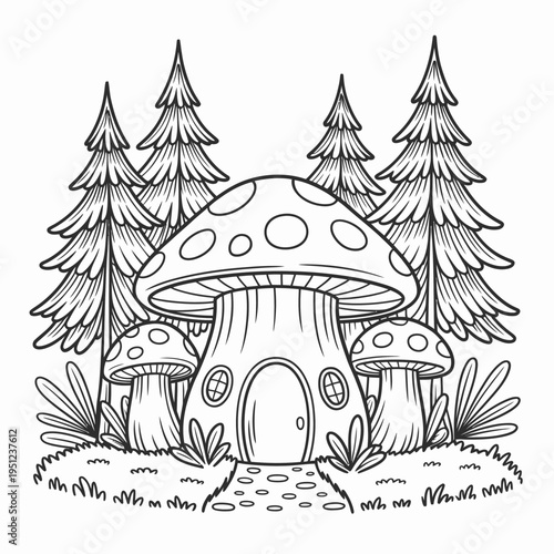 Black and white stylized of a castle with flags and banners towers battlements