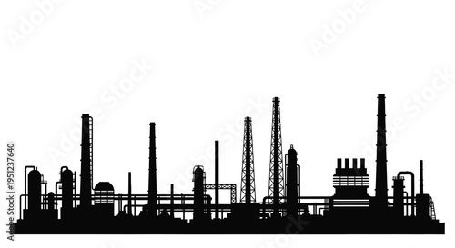 A striking silhouette depicts a vast industrial complex with numerous towers smokestacks and processing units against a bright white backdrop