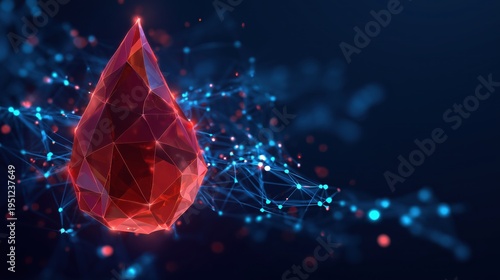 A radiant red faceted crystal drop is positioned off-center with a glowing blue abstract network extending from it.