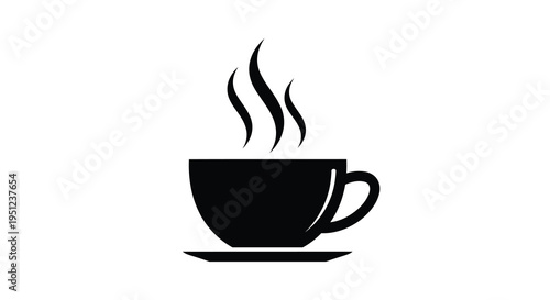 A minimalist black silhouette depicts a steaming cup of coffee or tea presented on a saucer high quality professional