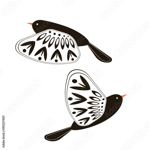 A fabulous bird with artistic wings in black and white isolated on a white background. Vector.