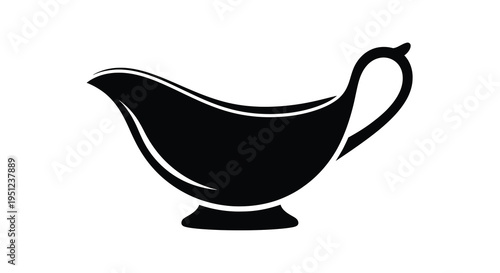 A simple black and white graphic depicts a classic gravy boat showcasing its elegant curved shape and functional design