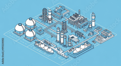 Isometric Illustration of an Industrial Plant Complex on Blue Background.