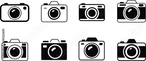 camera icon set, photography symbol collection, vintage and modern camera silhouettes, flat black icons for media design and apps vector