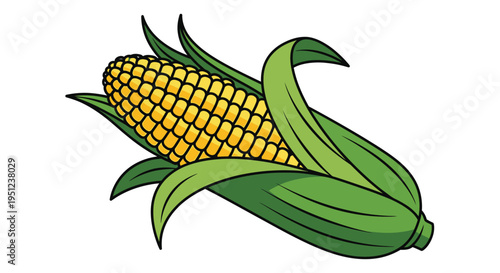 A vibrant cartoon illustration depicts a single ear of corn with bright yellow kernels and lush green husks and leaves