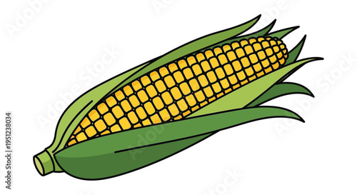 A vibrant and colorful illustration depicts a single ear of corn with bright yellow kernels and green husks