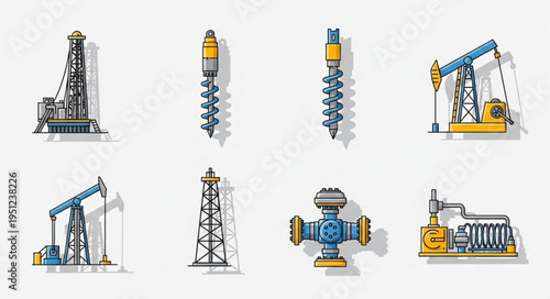 Oil and Gas Industry Equipment - Detailed Illustrations of Drilling Rigs and Components.