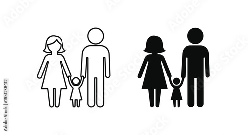 A simple black and white illustration depicts two family icons one outlined and one filled showing a mother father and child