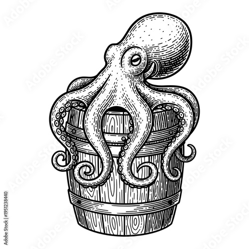 Octopus on a Wooden Barrel Vintage Sketch