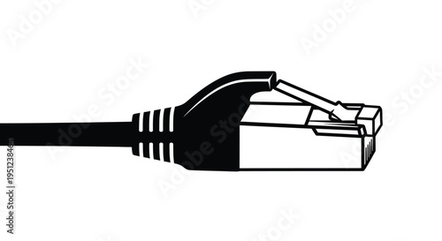 A monochrome illustration depicts a rj45 ethernet cable connector showcasing its plastic housing and gold contacts high quality professional