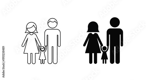 A simple black and white illustration depicts a family of three holding hands presented in both outlined and solid forms