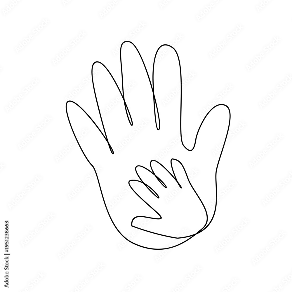 Obraz premium Continuous Line Drawing of Adult Hand Protecting Child's Hand, Family Care Concept Art