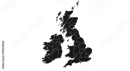 A stark black silhouette depicts the geographical outline of the united kingdom and its constituent countries high quality professional