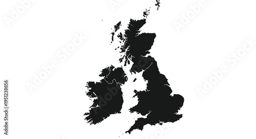 A stark black silhouette depicts the geographical outline of the united kingdom and adjacent islands high quality professional detailed