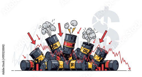 Oil Price Crash - Barrels Exploding with Falling Arrows and Dollar Sign.