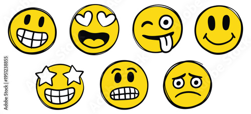 Emojis, emoticons, vector illustration, isolated on white background, colorful characters expressing joy, love, happiness, fear, surprise, and emotions with marker pen, free hand sketch.