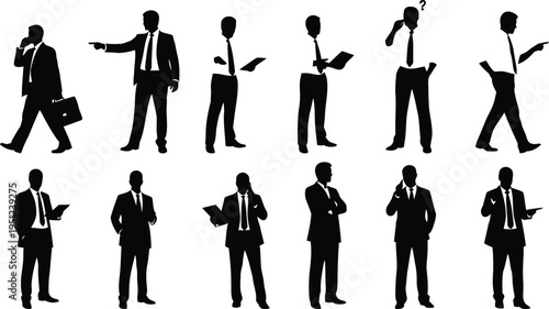 Businessman silhouette collection various poses and actions in black silhouettes on white background