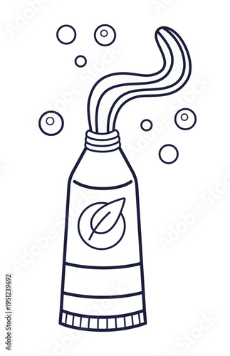 Tube of toothpaste with the paste squeezed out and bubbles outline illustration. Toothpaste isolated on white background. Oral hygiene concept. Dental cleaning cosmetic. Line art Vector