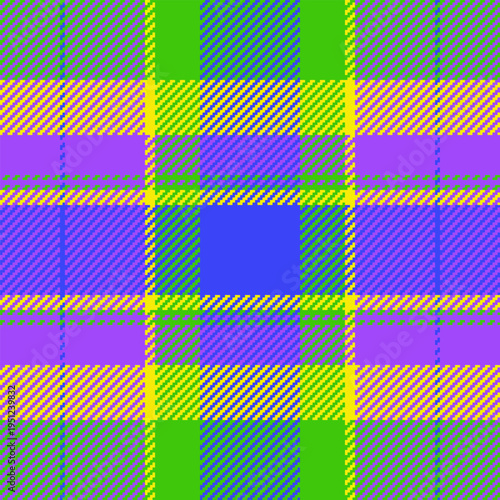 This eyecatching neon plaid pattern features a bold mix of green, purple, blue, and yellow. A dynamic geometric design ideal for textile prints, digital backdrops, and graphic art.