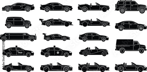 Collection of various vehicle silhouettes for design and illustration purposes featuring a range of cars and trucks in silhouette