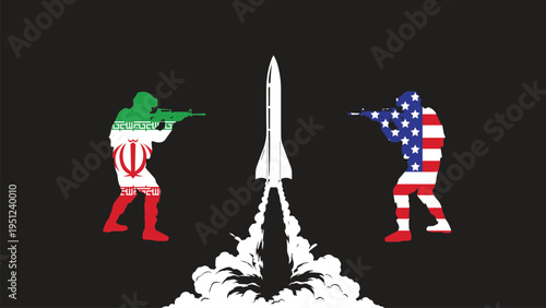 Iran vs usa tensions escalate with forces clash over rocket. Suitable for news articles, social media posts, and political blog graphics.