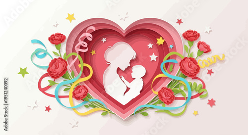 Happy Mother's Day Greeting Card in Paper Cut Art Style with Silhouette of Mother and Baby in a Heart Frame and Carnations