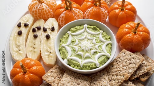 Creative Halloween Snack Board With Fruit, Dip, and Crackers