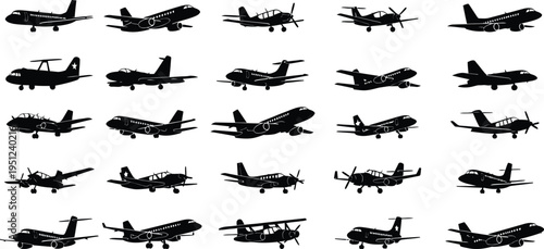 Collection of various airplane silhouettes in different angles and positions