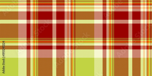 Clothing pattern fabric texture, back textile plaid tartan. Amazing background seamless check vector in red and lime colors.