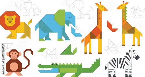 Safari Animal Tangram Collection with Geometric Shapes Featuring Lion, Elephant, Giraffe, Monkey, Crocodile, Zebra, and Bird, Educational Puzzle Vector Set for Kids
