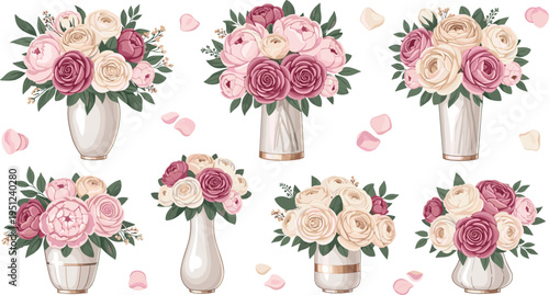 Romantic Rose Bouquet Collection in Elegant Vases with Soft Pink and Cream Flowers, Wedding Floral Arrangements for Invitations, Decor, and Design Projects