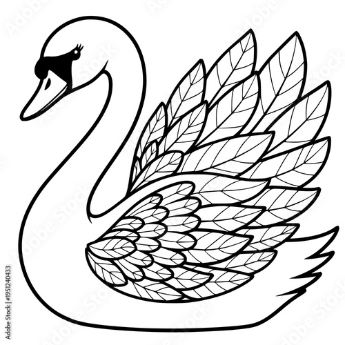Ornate Swan with Detailed Wing Patterns Coloring Page, Zentangle Graceful Bird Line Art for Adults, Intricate Mandala Swan Illustration for Stress Relief, Black and White Design.