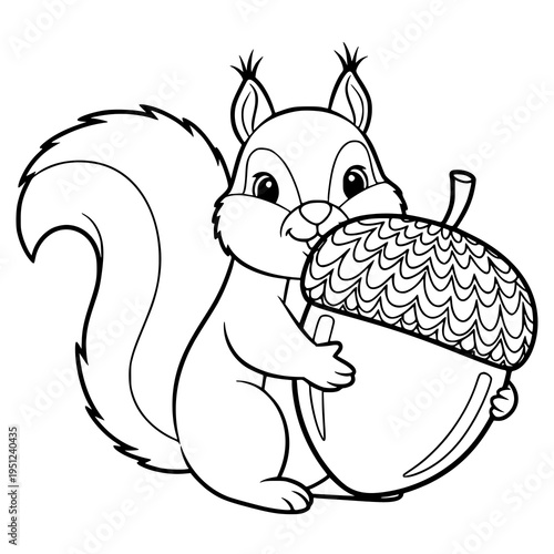 Cute Squirrel Holding Acorn Mandala Coloring Page, Detailed Forest Animal Zentangle Line Art for Adults, Intricate Wooded Wildlife Illustration for Stress Relief and Therapy.