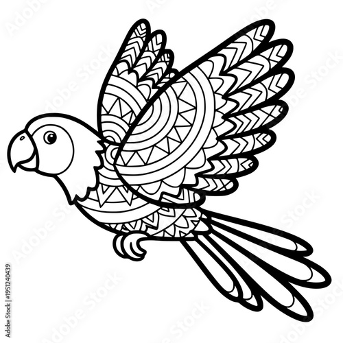 Tropical Parrot Zentangle Coloring Page for Adults, Detailed Bird with Patterned Feathers Line Art, Intricate Macaw Mandala Illustration for Stress Relief, Nature Coloring Book.