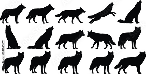 Photography Collection of various wolf poses in silhouette against a white background showca