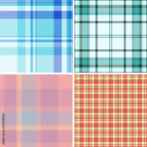 Traditional plaid pattern bundle inspired by classic childrens shirts. Timeless tartan designs suit schoolwear, casual, and festive clothing. Seamless vectors maintain flow.