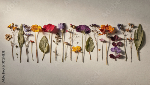 Vibrant assortment of pressed wildflower blooms and dried foliage, creating a delicate, rustic, and natural botanical flat lay display on a light background